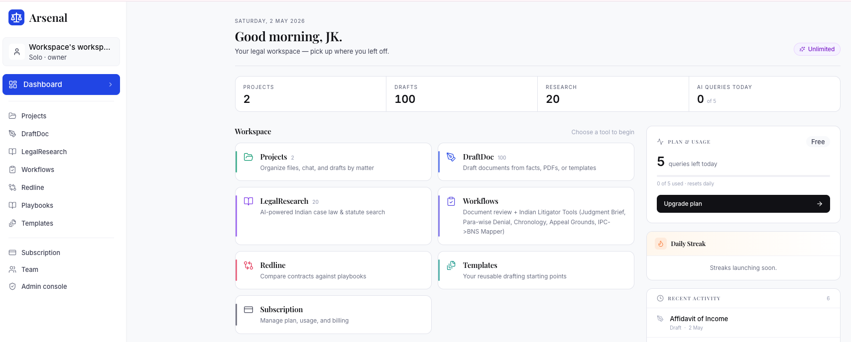 Arsenal dashboard showing Projects, DraftDoc, LegalResearch, Workflows, Redline, Playbooks, and Templates in one workspace